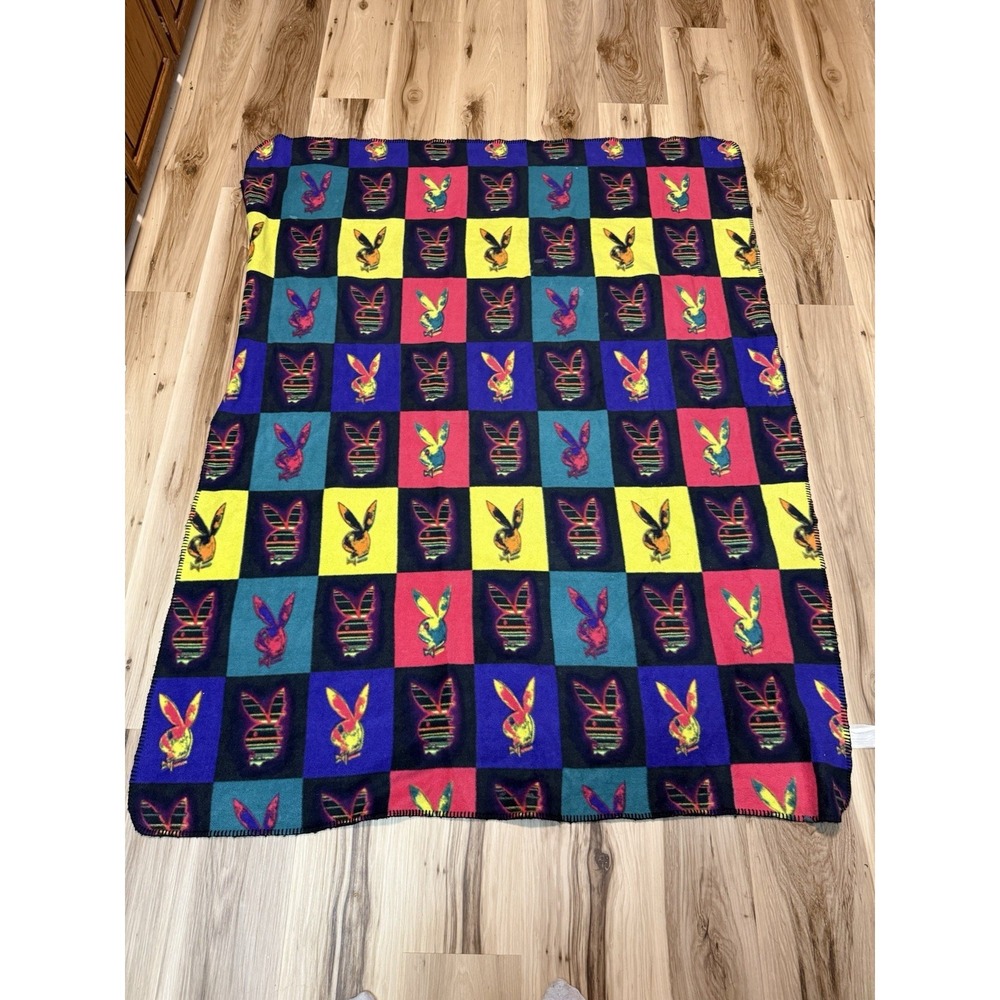 Playboy Bunny Blanket Multicolor Checkered Logo 47x59